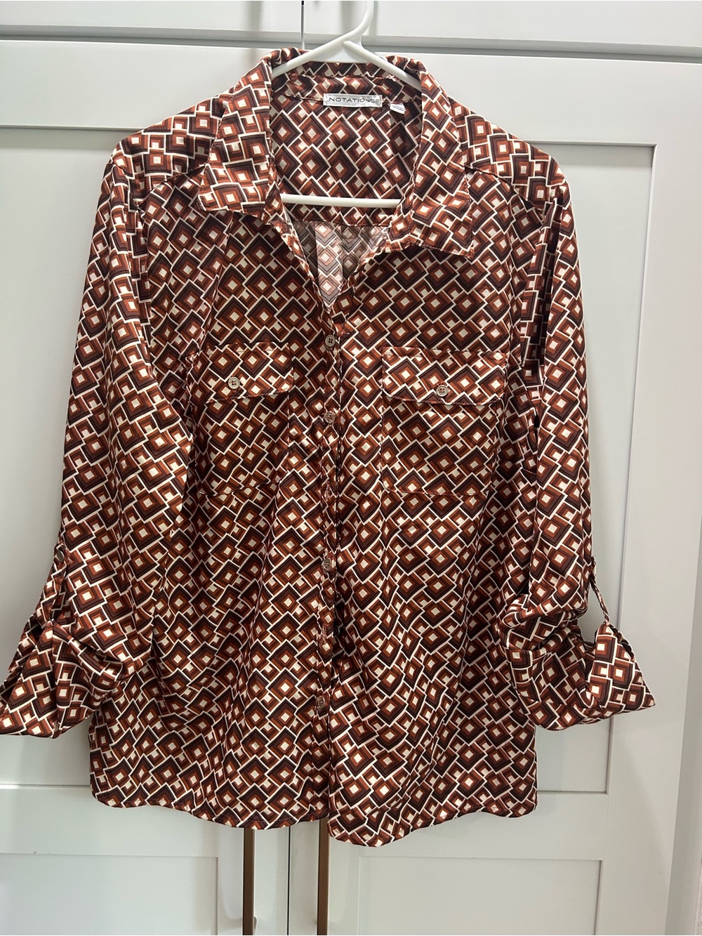 Notations Brown Geometric Button-Front Blouse with Cream Accents